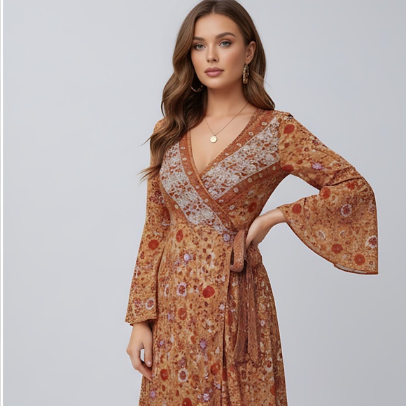 Boho Floral Print Bell Sleeve Tie Front Wrap Dress - Picture 9 of 13